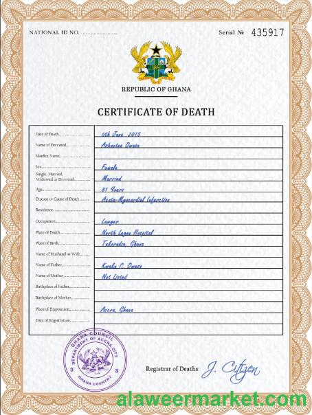 Ghana vital record death certificate PSD template